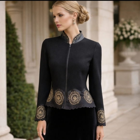 Victor Costa Jackets & Blazers - Victor Costa Designer Black Wool/Vegan Leather Embroidered Studded Jacket Sz S